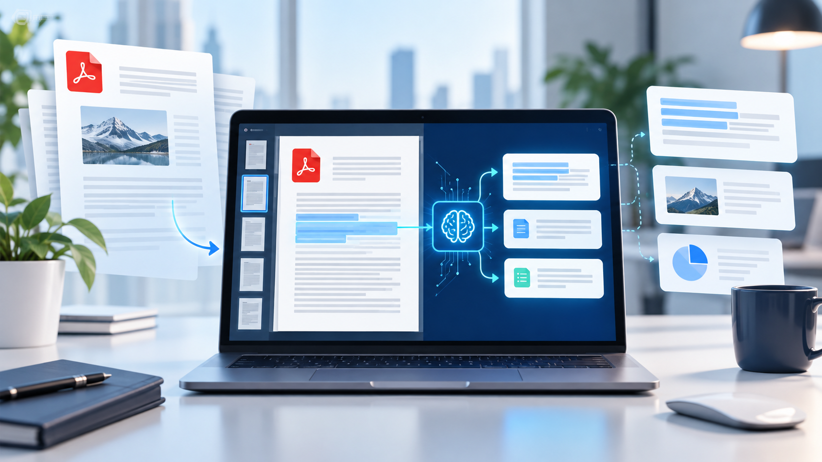 AI-assisted PDF editing workflow with document extraction and summarization cards